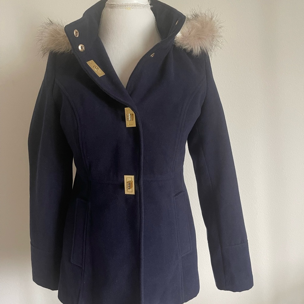 Maralyn & Me Dark Blue Puffer Jacket with Faux Fur Trim